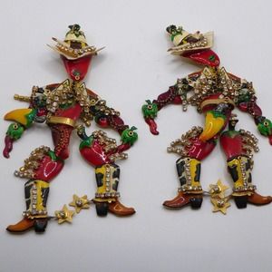 VTG c1990 LUNCH AT THE RITZ BILLY THE CHILI CLIP ON EARRINGS 5" TALL